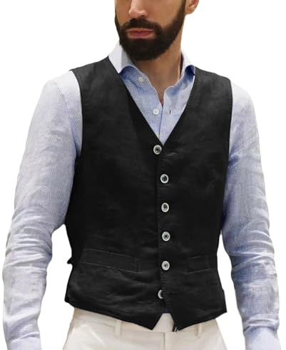 AeoTeokey Gilet in lino da uomo, estivo, vintage, retrò, business, feste, vestibilità regolare, Nero , L