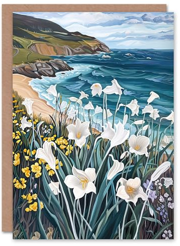 Greeting Card Aberdaron Coastal Wales Daffodils Hills Painting Blank For Him Or Her Art Birthday Card