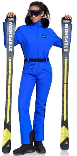 HOTIAN Damen Skianzug Einteiler Skioverall Winter Warme Damen Schneeanzug Wasserdicht Winddicht skibekleidung Schneeoverall Jumpsuit Mit Kapuze Blue M