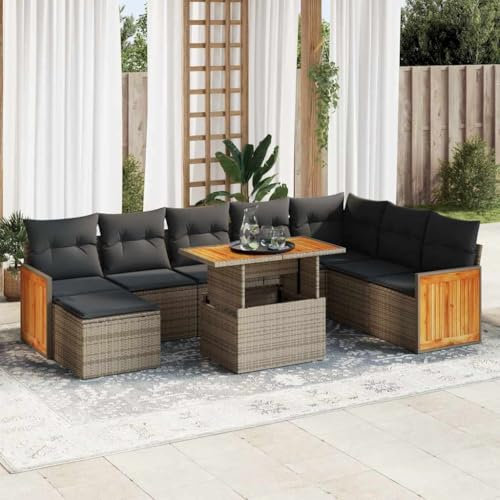 UJCHVHN Home Garden, 7-teiliges Gartensofa-Set mit Kissen, Polyrattan, Akazie, Grau