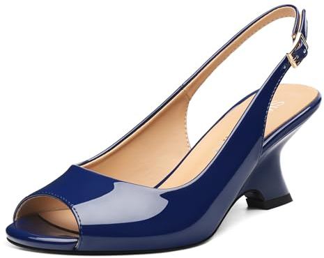SKYSTERRY Navy Blue Women's Peep Toe Slingback Kitten Wedge Heel Sandals Low Heel Patent Comfortable Sexy Dress Pumps Shoes for Wedding Party Evening 2.4 Inch Size 8.5