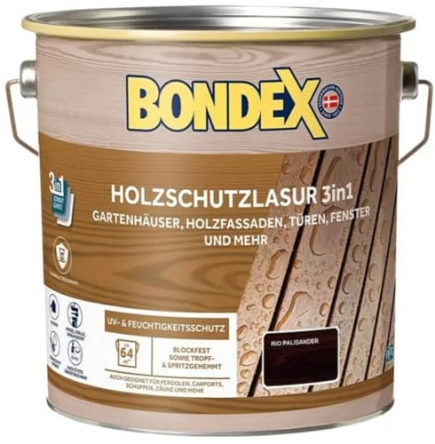 Bondex Holzschutzlaur 3in1, 4 L für 64 m² / Rio Palisander / Wasserbasierende Lasur / Filmschutz, Grundierung und Endbeschichtung / Exzellenter UV- & Feuchtigkeitsschutz
