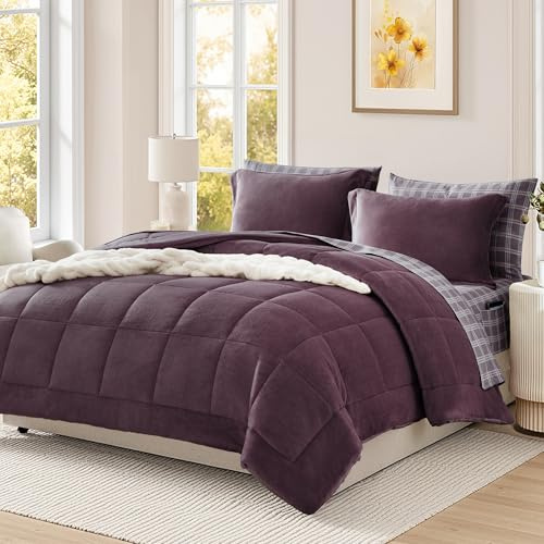 AMBERSPACE Plush King Size Comforter Set Purple, Flannel Velvet Comforter Sets 7 Pieces Bed in a Bag, Soft Warm Winter Bedding Set with Sheets, Pillowcases & Shams