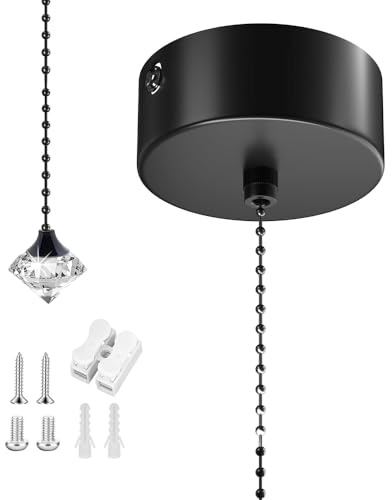 SKIKHN Bathroom Light Pull Cord, Crystal Pendant Pull Cord Light Switch Bathroom, Black PullCord Lights Switch with 150cm Chain Kit, Shower PullCord Switchs for Bath Room Chandeliers Accessories