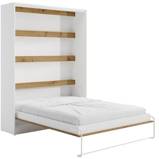 Vente-unique-Cama abatible 160 x 200 cm - Apertura Vertical Manual - con Leds - Blanco y Natural - RAPILI