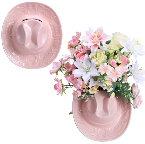 Ninehaoou Ceramic Cowgirl Hat Vase Western Themed Hat Hanging Wall Indoor Planter Vase Flower Pot Cowboy Decoration Cowboy Party Table Centerpiece for Bathroom Living Room Office and Home Decor(Pink)