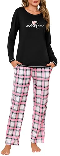 Leversic Pyjama Femme Hiver, Haut Imprimé et Pantalon à Carreaux | Confortable et Doux, Cet Ensemble d'Hiver Associe Un Haut Imprimé et Un Pantalon à Carreaux Pour Les Moments de Détente