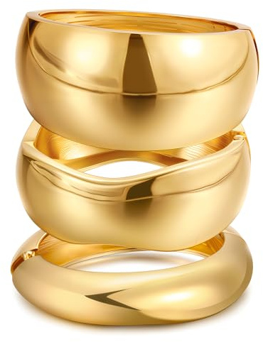 Chunky Gold Bangle Bracelets for Women, Dainty 14k Gold Plated Big Stackable Bangles Set, Trendy Cuff Bracelet Stack Fashion Jewelry Gifts (A5-gold)