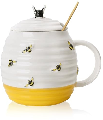 JUBOR Ceramic Honey Pots, Farmhouse Embossed Craftsmanship Honey Jar with Lid and Metal Spoon - 11.8oz, Handpainted Bees Pattern - Kitchen Decor and Bee Gifts