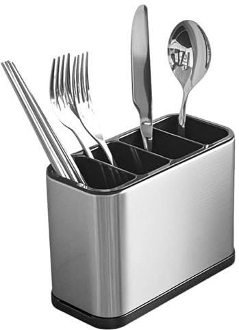 Porte-couverts à 4 compartiments en acier inoxydable avec bac d'égouttement antidérapant - Range-couverts compact pour tiroirs de cuisine, organisateur pour couteaux, fourchettes, cuillères et