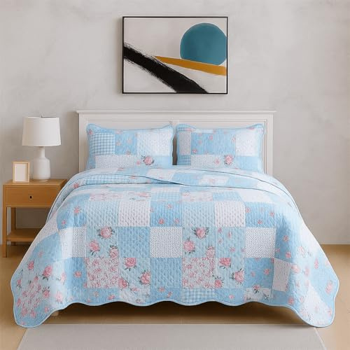 Rugs Inn Quilt Patchwork Bedspread 2 Piece Set – Coverless Quilted Bedspread, Reversible, Lightweight Quilt Comfort with 2 Pillow Sham (Floral Blue, King)