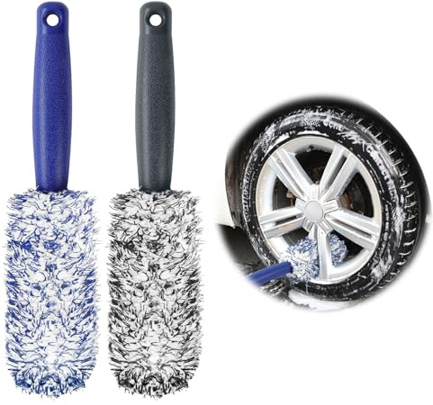URAQT Brosse Jantes Voiture en Microfibre, 2 Pièces 30cm Brosse de Nettoyage Professionnelle Sans Rayure, Détachable et Antidérapante pour Voiture/Moto/Vélo/Bateau (Rayé Bleu-Blanc + Noir-Blanc)