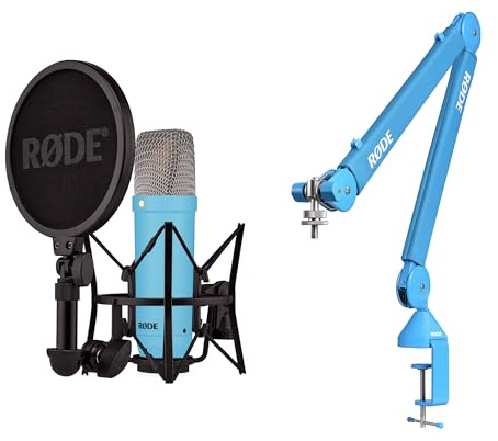 RØDE NT1 Signature Series Micrófono de Condensador + Brazo de Estudio PSA1+ – Kit de Grabación Profesional para Voz, Streaming y Podcast (Azul)