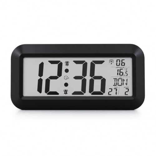 Mebus große Digitale Funkwanduhr mit XXL Ziffern | 42 x 20cm, DCF77 Funkuhr | Datum, Wochentag & Temperatur, 2 Weckzeiten mit Schlummerfunktion, perfekt für Büro, Werkstatt, Senioren | Tischuhr schwarz