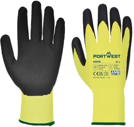 Portwest A625 Cut D13 PU Viz-Tex Glove 13 Gauge Breathable Seamless Liner | Yellow/Black, Large, CE Certified, Abrasion Resistant, EN 407, EN ISO 21420 Dexterity 5, Regular Fit, Polyester, Construction