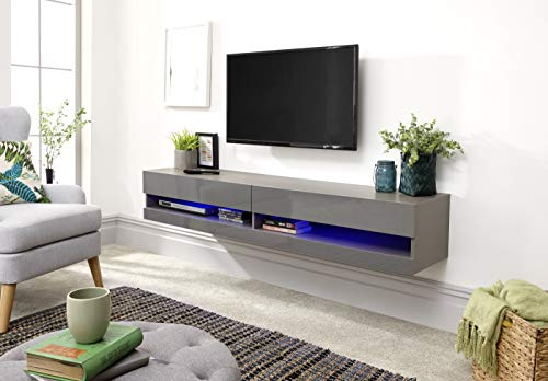 GFW Galicia 180cm Wall TV Unit with LED, Grey Floating TV Cabinet with Lift-Up Doors and Hidden AV Storage, Modern Entertainment Unit