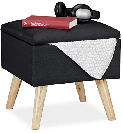 Relaxdays Hocker mit Stauraum, Kunstleinen-Bezug, gepolstert, Holzbeine, Fußhocker mit Deckel, HBT: 40x40x40 cm, schwarz