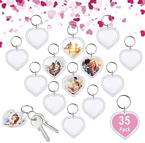Heqishun 35 Stück Acryl Foto Schlüsselanhänger Transparent Schlüsselbund Bild leere Schlüsselring, durchsichtige Schlüsselanhänger Herzförmige Fotorahmen für Frauen, Männer