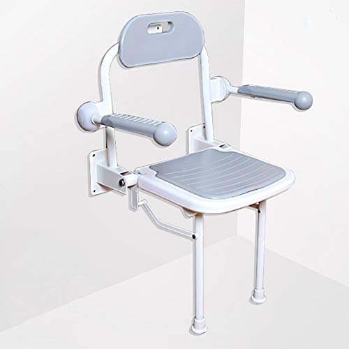 HYCH-Einen Duschklappsitz Senioren Badezimmer Klappstuhl, Verstellbare Höhe, Mit Beinen Mit Armlehne/Rückenlehne, Einfach Zu Säubern, Tragfähigkeit 250kg,Grau,58cmx45cm