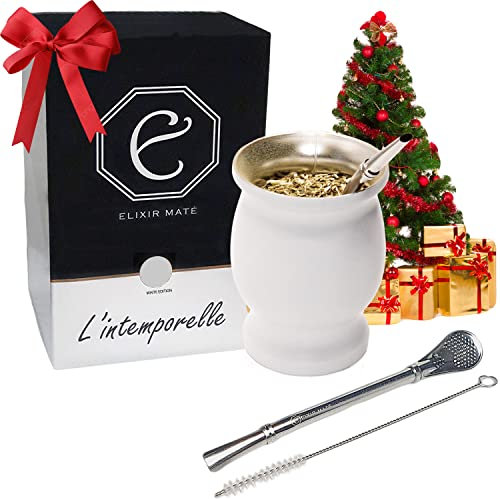 Elixir Maté™ | 'L'intemporelle' - Calebasse inox isolation double paroi + Bombilla argent + Brush nylon pour Yerba Mate | Idéal tasse maté, café, thé, granité, boissons froides ou chaudes (Blanc)