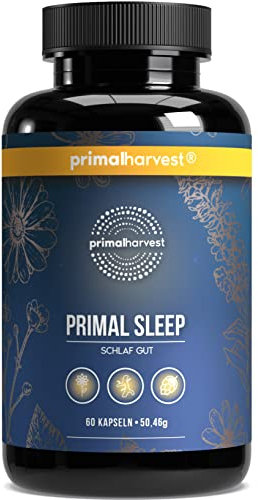 Primal Harvest® Schlaf Gut Kapseln (60 Stk) – Natürliche Mischung mit Apigenin, L-Tryptophan, Kamille und Baldrian - Kräutermischung als Melatonin-Alternative - In Deutschland hergestellt