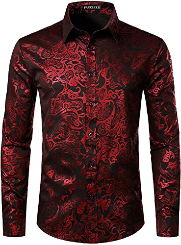 PARKLEES Herren Luxus Paisley Gemustert Golden Glänzend Slim Fit Freizeithemd