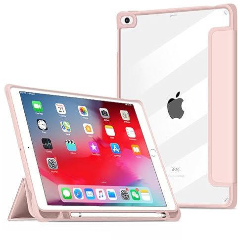 VAGHVEO Custodia per iPad 9,7 Pollici 6a/5a Generazione 2018 2017 con Portapenne, iPad Air 2 2014, iPad Air 1 2013 Chiaro Case, Slim Trifold Stand Case in Pelle PU con Retro Trasparente Cover, Rosa