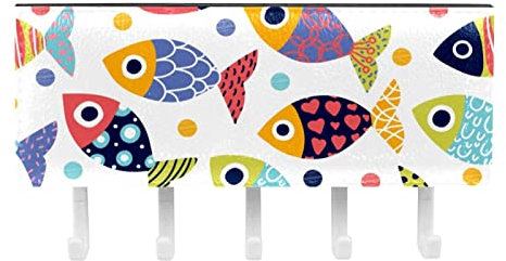 Schlüsselhaken Wandhaken, Schlüsselleiste für Leine, Briefhalter für Eingangsbereich, 5 Haken,Cartoon farbige Fische schöne Polka Dots