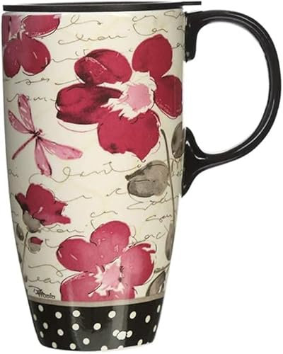 KBEAZY Taza de cerámica grande taza de café alta tazas de viaje taza de té con leche de porcelana con tapa, 17 onzas, flor roja