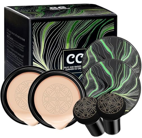 2PCS Mushroom Head Air Cushion CC Cream, BB Cream, Long-Lasting Natural Moisturizing Concealer, Moisturizing BB Cream Makeup Base with Mushroom Makeup Sponge, Easy to Apply (Natural)