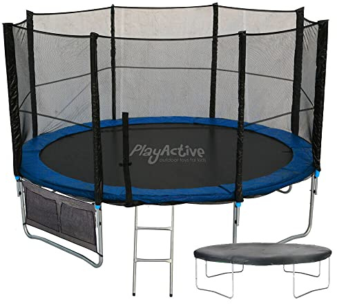 PlayActive 6ft / 8ft / 10ft / 12ft / 14ft / 16ft Kids Trampoline with Safety Enclosure Net, Ladder, Weatherproof Cover, Shoe Bag Included…