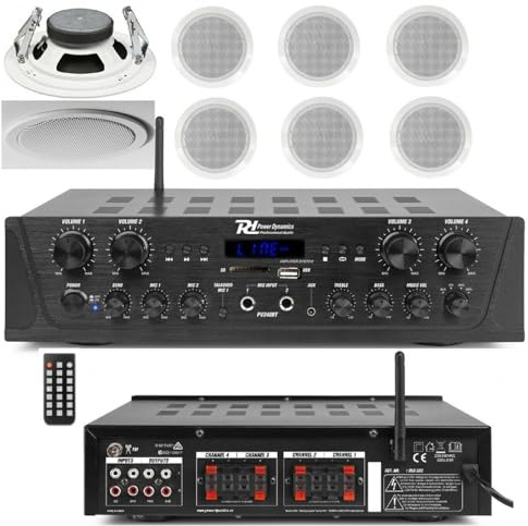 PROSTORE ITALY IMPIANTO AUDIO FILODIFFUSIONE BLUETOOTH TELECOMANDO CASSE TONDE DA CONTROSOFFITTO (6 CASSE)