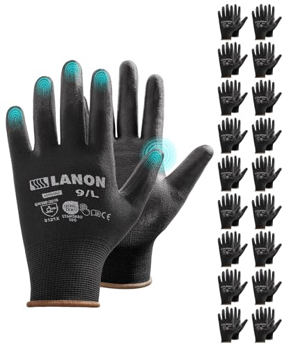 LANON 18 Paar PU Arbeitshandschuhe, Touchscreen Arbeitshandschuhe für Herren Damen, Leicht, Mechaniker, Bauarbeiten, Schwarz, Gr 9/L