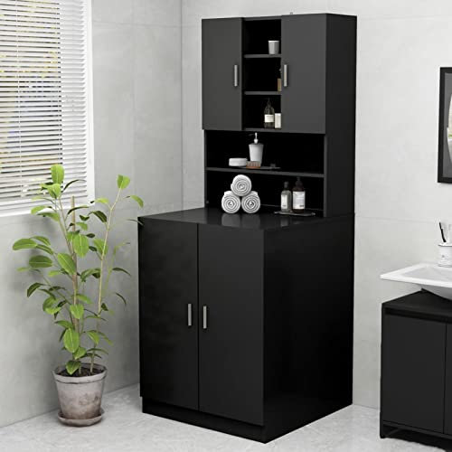 Homgoday Waschmaschinenschrank mit Stauraum Badschrank Hochschrank Badezimmerschrank Schrank Badregal Waschmaschinenregal für die Waschmaschine & WC Schwarz