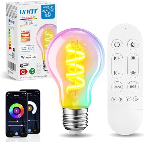 LVWIT Lampadine LED Wifi Smart Attacco E27 Vintage Retrò Edison 470Lm,RGB,6.3W Equivalenti a 40W,Lampadine Alexa,Smart Bulb,Lampadina Intelligente Dimmerabile,luce alexa,Controllo App e Telecomando