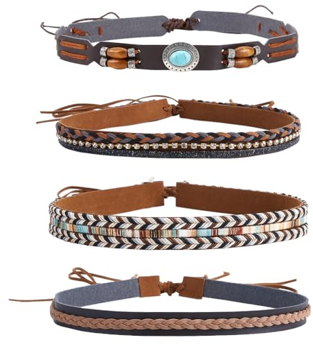 craspire 4 Style Bande de Chapeau de Cowboy Fait à la Main Imitation Cuir Turquoise Tressé Cristal Strass Ethnique Occidental Ceinture de Remplacement Réglable pour Fedora Panama Accessoires