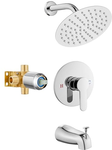 Airuida Shower Faucet Set with Valve and Tub Spout,8 Inch Rainfall Shower Head, Wall Mount Shower System,Brass Rough-In Valve,Bathroom Shower Trim Kit,Chrome Polish