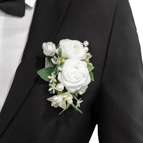 Ling's moment Single Pocket Boutonniere for Man Groom, Artificial Flowers for Wedding Decor/Prom/Homecoming/Graduation, etc.White Ranunculus Ivory