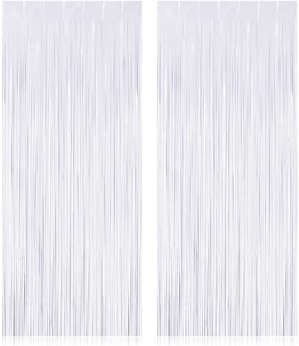 TOTAFAM 2 Pack Fringe Curtains Backdrops, Foil Fringe Curtains, Door Streamers for Birthday Wedding Bridal Shower Holiday Graduation Party Decorations, Photo Booth Backdrops, White