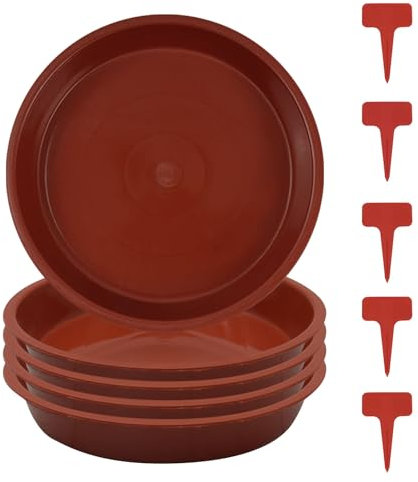 FANWINKJ Plant Pot Saucers Set of 5 with Labels, Heavy Duty Plastic Plant Trays, Water Drip Catcher for Indoor & Outdoor Pots, Multiple Sizes & Colours (Red 140)