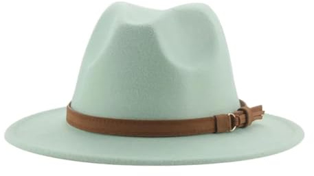 FULUJIDI Fedora Trilby Filzhut Hut Fedora Hüte Für Frauen Männer Breite Krempe Solide Frauen Hüte Band Gürtel Klassische Formale Kleider Hüte 56-58Cm (Erwachsene) Hell Grün