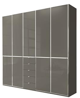 WIEMANN Drehtürenschrank mit 5 Schubkästen hochwertiger Kleiderschrank Schlafzimmerschrank 250cm breit, mit Schubladen, Glas Havanna, Höhe 236cm, Shanghai