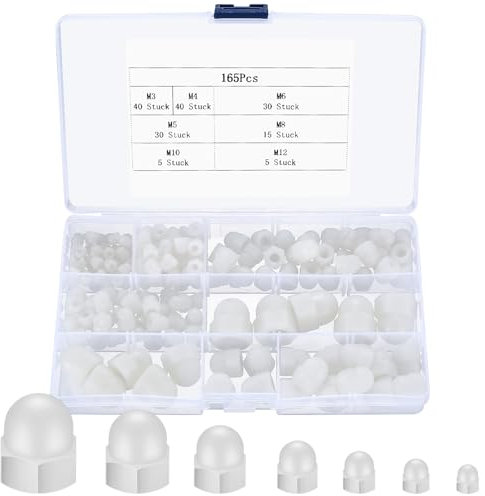Bellota 165 Piezas Tuercas Sombrerete Alta, Ciegas Hexagonales de nylon, Tapones Roscados para Tornillos - M3/M4/M5/M6/M8/M10/M12