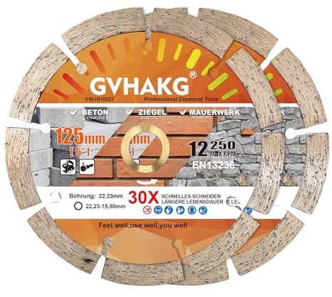 GVHAKG Diamant Trennscheibe 125mm,Beton Diamantscheibe (125 x 22,23mm-2pcs) | Trennscheibe 125mm Stein für Beton Granit Stein Ziegel,Segmentiert Trennscheibe für Winkelschleifer und Flex