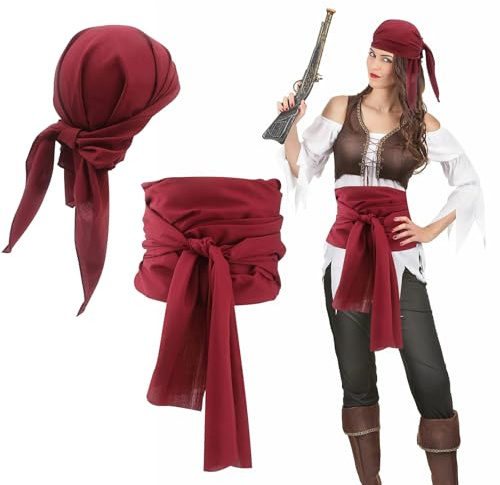Kinwers Kopftuch Pirat Damen,Rotes Bandana Piraten Accessoires Herren Mittelalter Renaissance,Piratenkostüm Zubehör für Karneval Cosplay Halloween