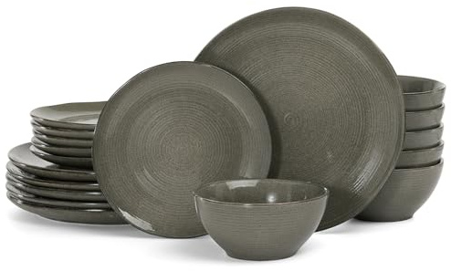 Richmount Tempus 18-Piece Dinner Set, Irregularly Shaped Swirl Stoneware Plates and Bowls Set, Dinner Sets for 6 People, Dinner Plates/Dessert Plate/Soup Bowl, Glazed Ceramic Dinnerware Set, DarkOlive