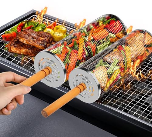 2 Stück Nestendes Rollendes Grillkorb Set mit Holzgriff (30 x 10cm), Grillnetzrohr für Den Außengrill für Gemüse, Edelstahl zylindrische für Outdoor Grill Grillzubehör-Werkzeuge Geschenke für Männer