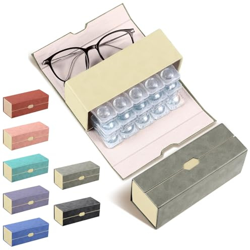 Flutesan Estuche diario para lentes de contacto y organizador de gafas, 2 en 1, de doble cara, portátil, para viajes, uso diario al aire libre, almacenamiento de hasta 30 lentes (gris)