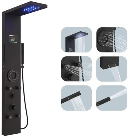 Hoimpro Matte Black LED Shower Panel Tower System,2 In 1Function Shower Panel Light Rainfall Waterfall Shower Rain Massage System with Body Jets Handheld Shower Sprayer, Stainless Steel, Wall Mount