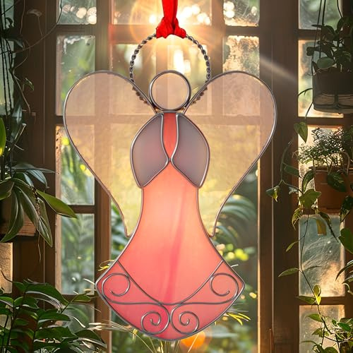 KUNDGLA Pink Angel Sun Catchers Stained Glass Panels for Windows Haning | Stained glass Suncatchers Ornament for Home or Garden Decorative,Gifts for Mom Friends Birthday Christmas Tree Holiday Decor